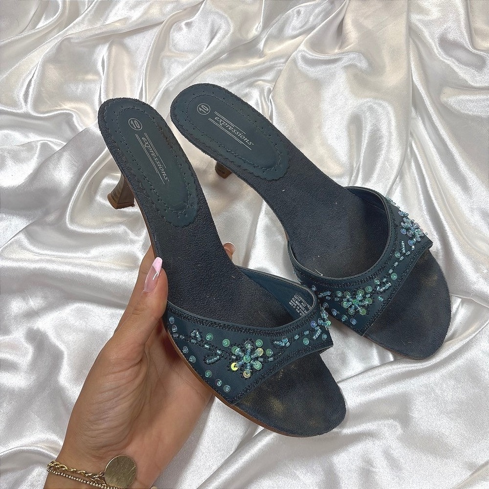 y2k Expressions Kitten Heel Sandals Blue Good Beaded Sequin Square Toe Slides 10